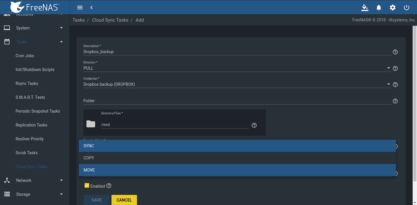 Tasks section on FreeNAS Dashboard