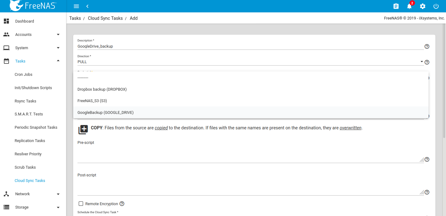 setting up cloud sync task