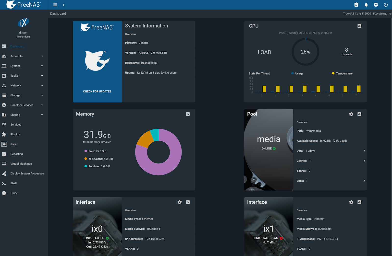 FreeNAS UI dashboard