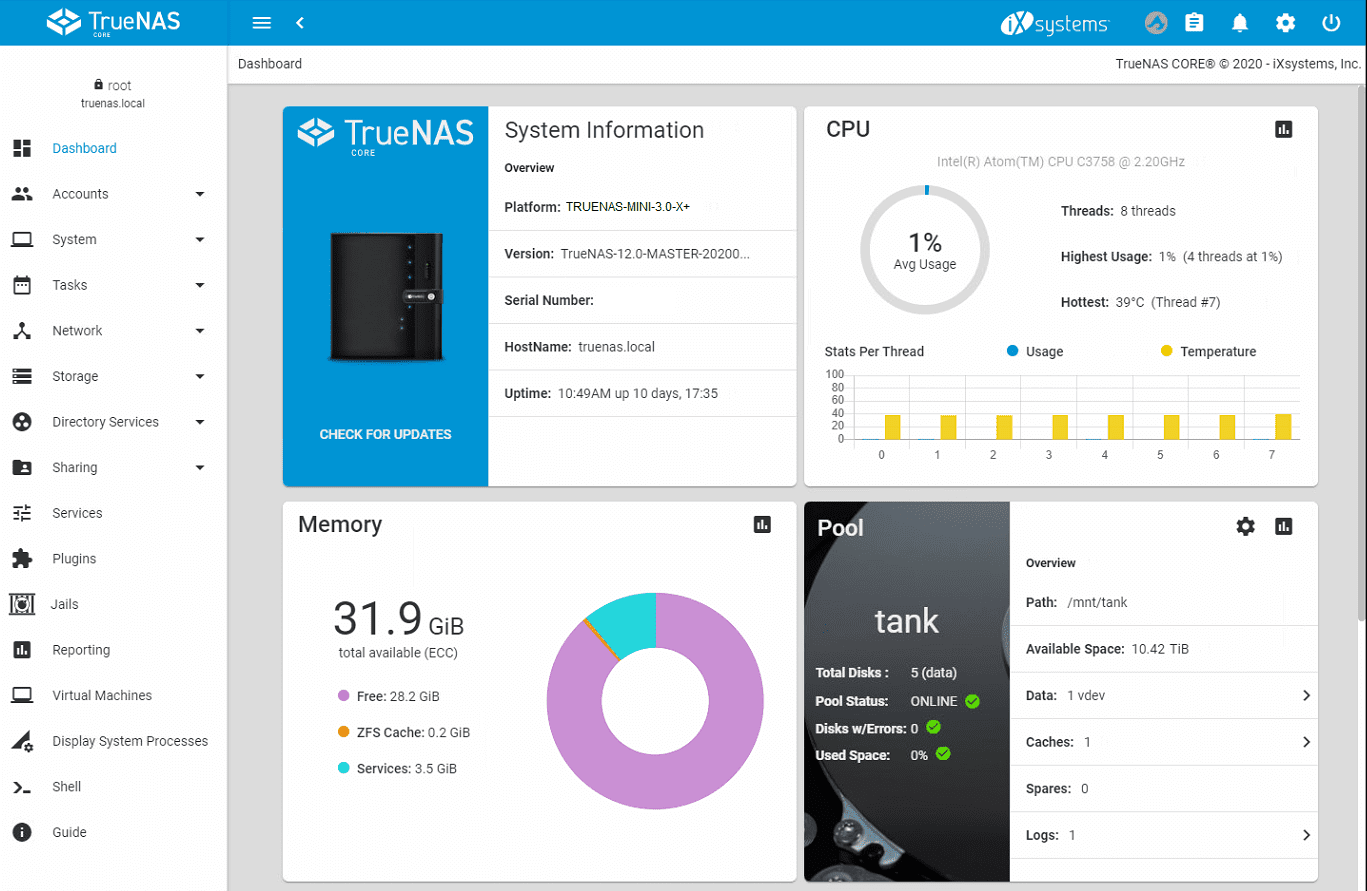 TrueNAS CORE dashboard