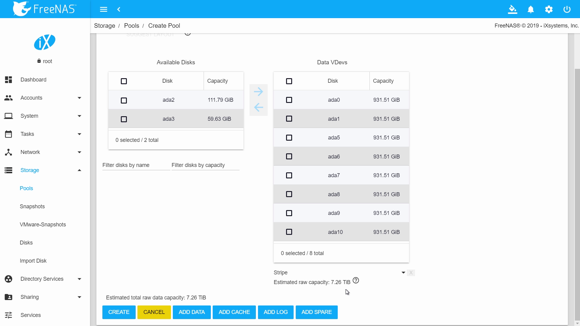 striped vdev layout options window